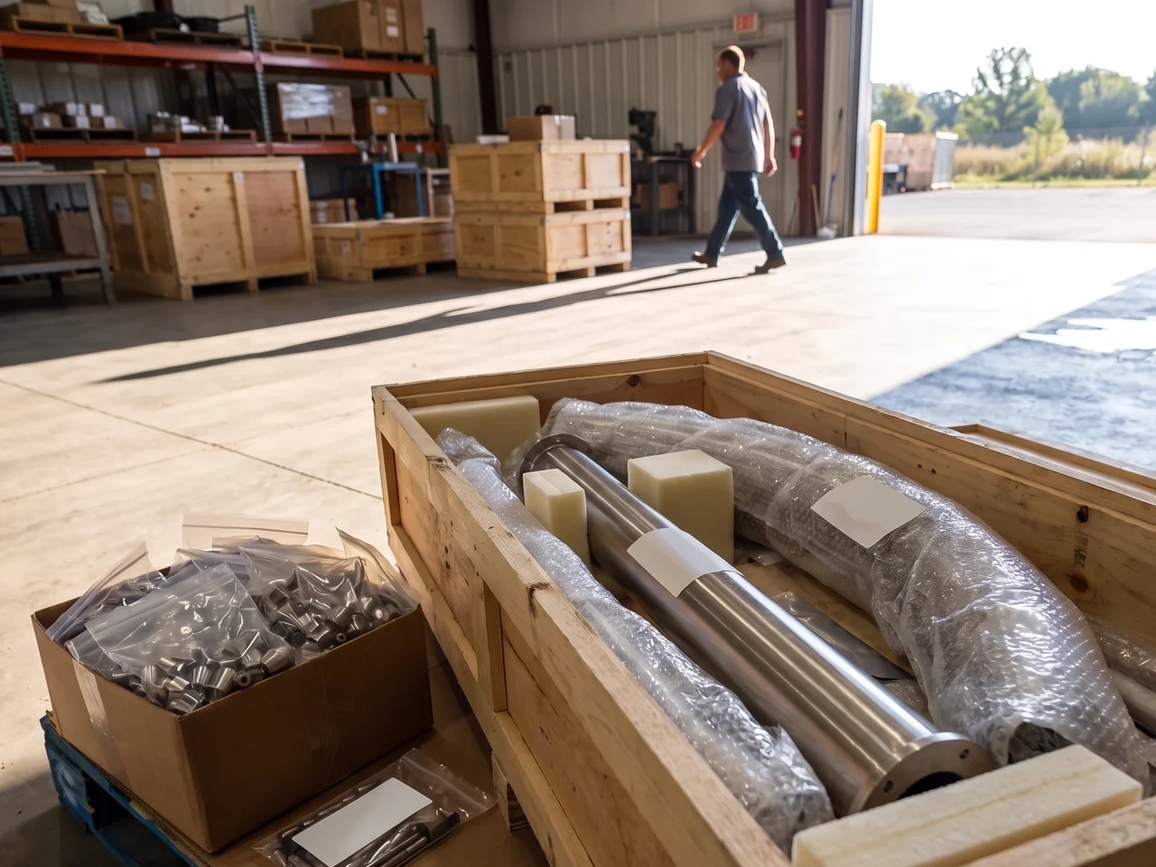 Stainless spray posts and an arch leg wrapped in bubble film, each with its part label, packed in a timber crate with bagged nozzles