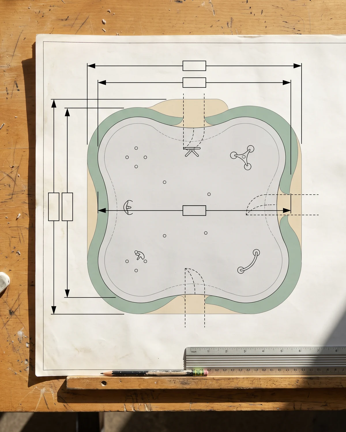 A scaled splash pad site plan with dimension lines, feature positions and access paths marked
