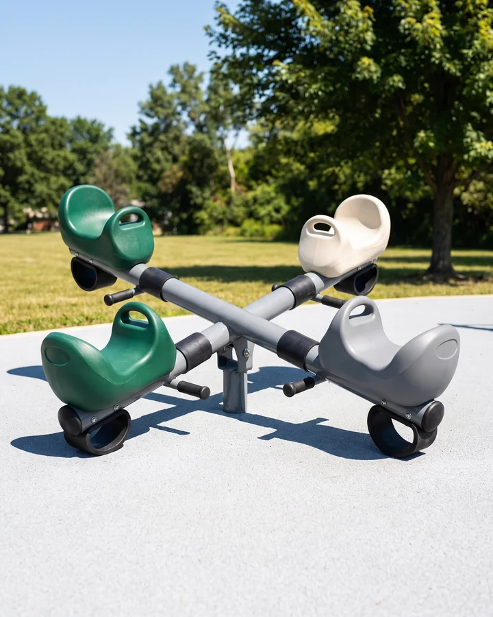 A four-seat seesaw on a double beam and one pivot
