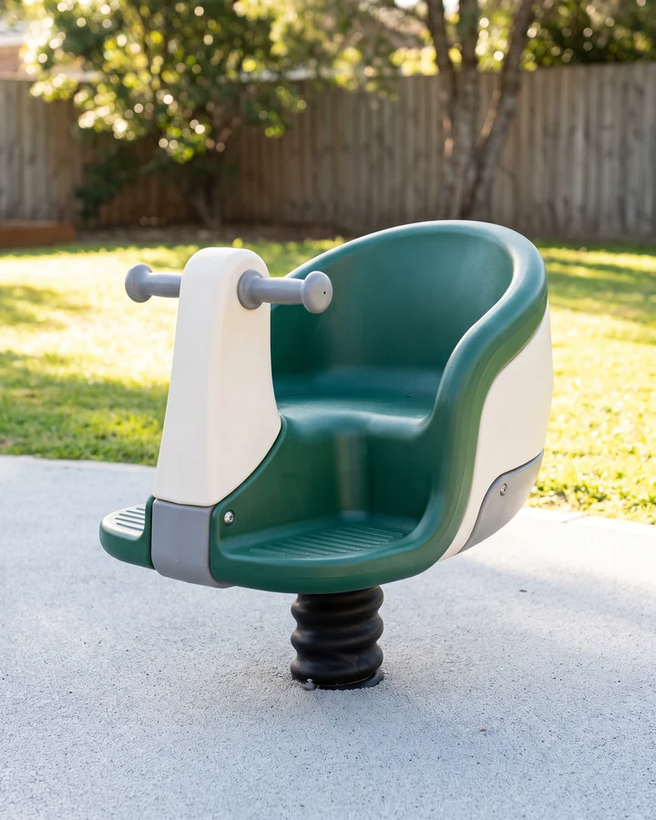 A low-seat spring rider with a wraparound seat for a toddler room yard