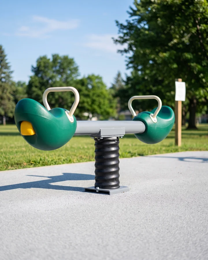 A spring seesaw with its beam level on a sleeved center spring