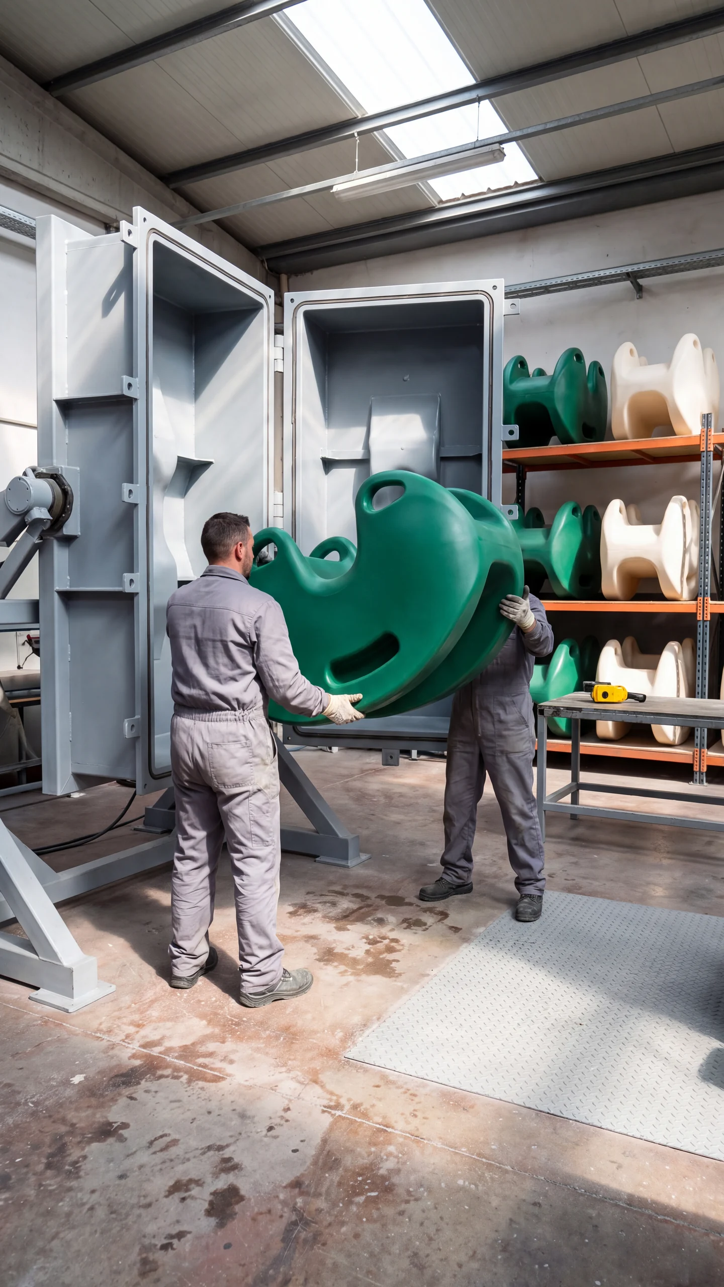Two operators lifting a freshly rotomolded part out of an open steel mold in the rotomolding workshop
