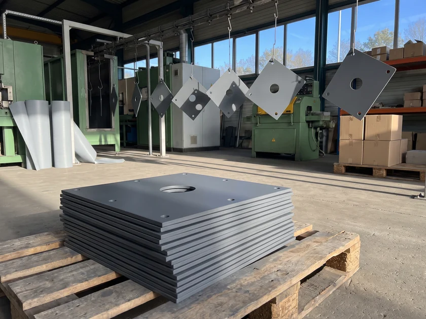 Powder-coated steel base plates stacked on a pallet, more plates hanging on the coating line behind