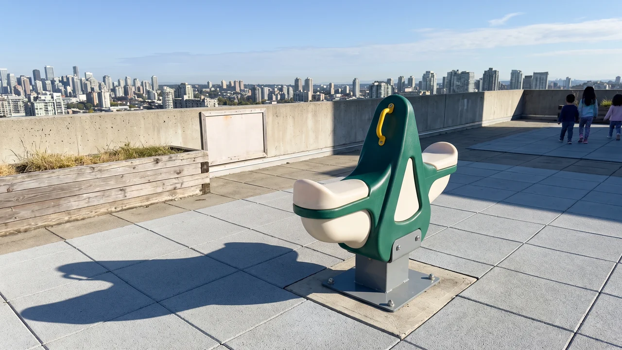 A spring rider on a surface-mount base plate in a rooftop play yard with rubber tiles