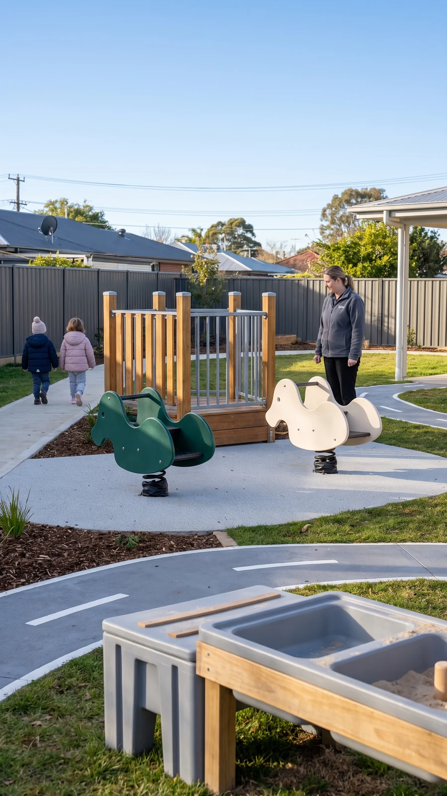 A child care center yard with two spring riders next to a low-deck structure, a trike path and a sand and water table