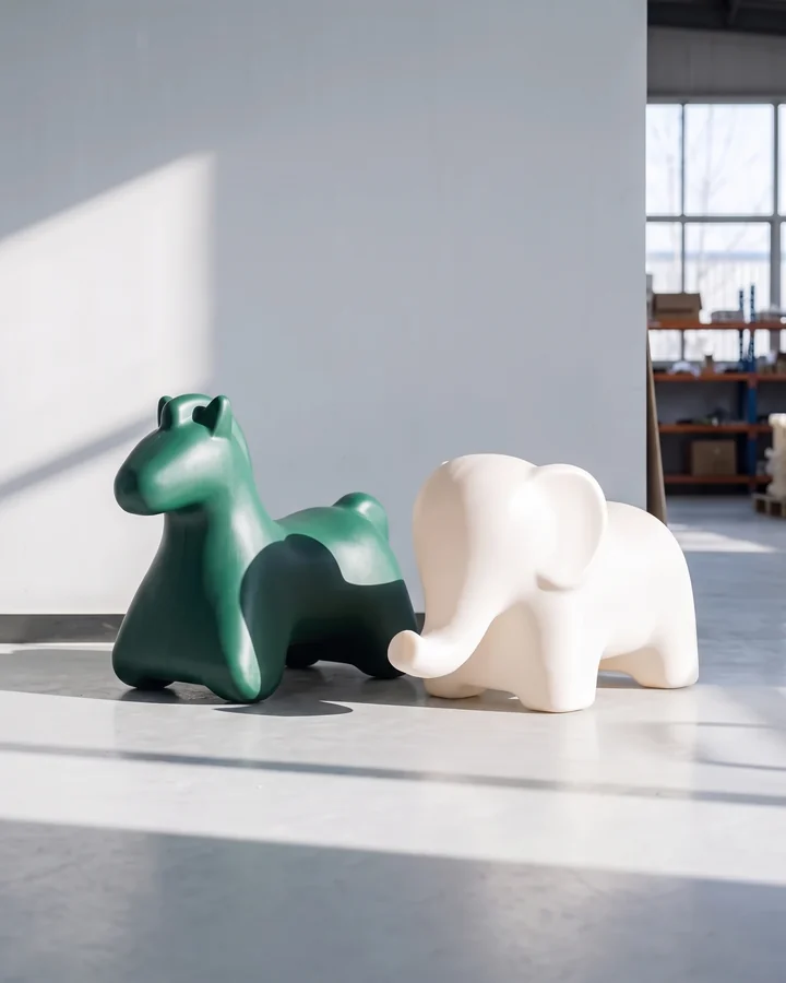 Two abstract animal-shaped rotomolded rider bodies side by side in the finished goods area