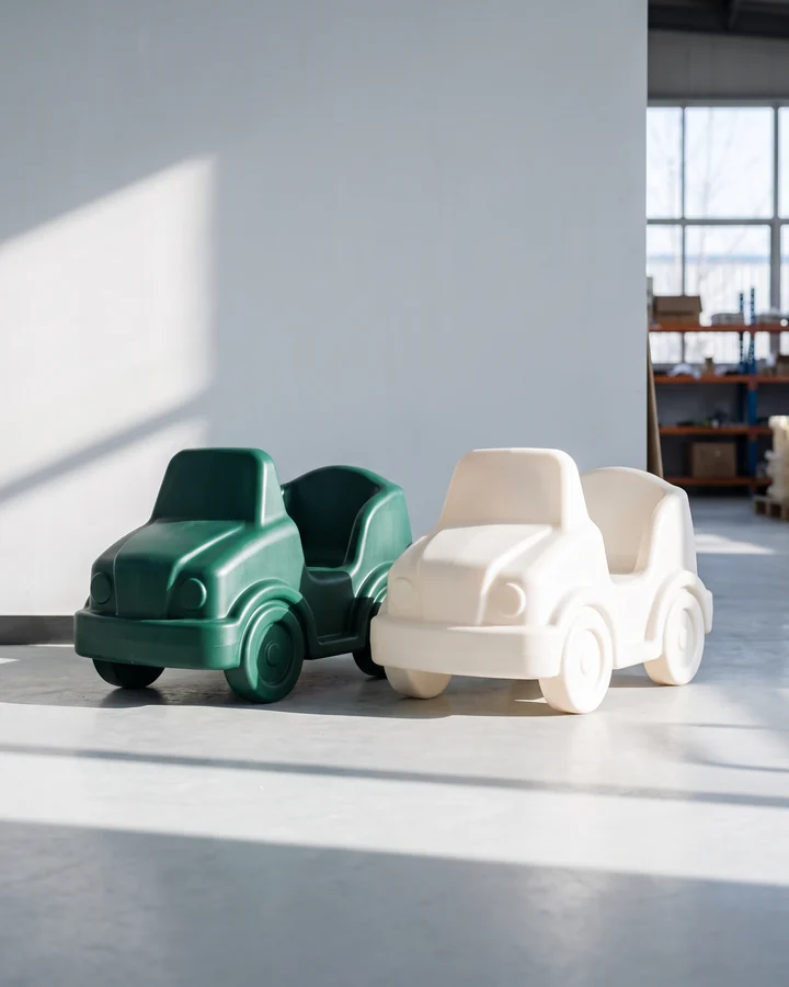 Two vehicle-shaped rotomolded rider bodies side by side