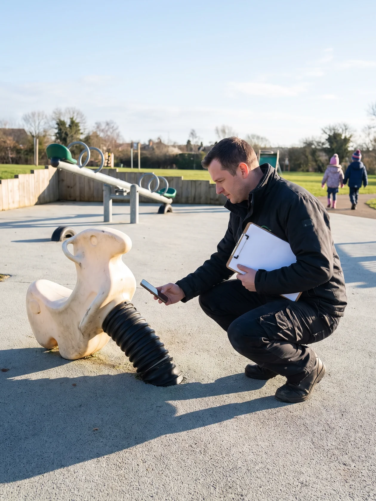 A site manager photographing a worn spring rider with a phone