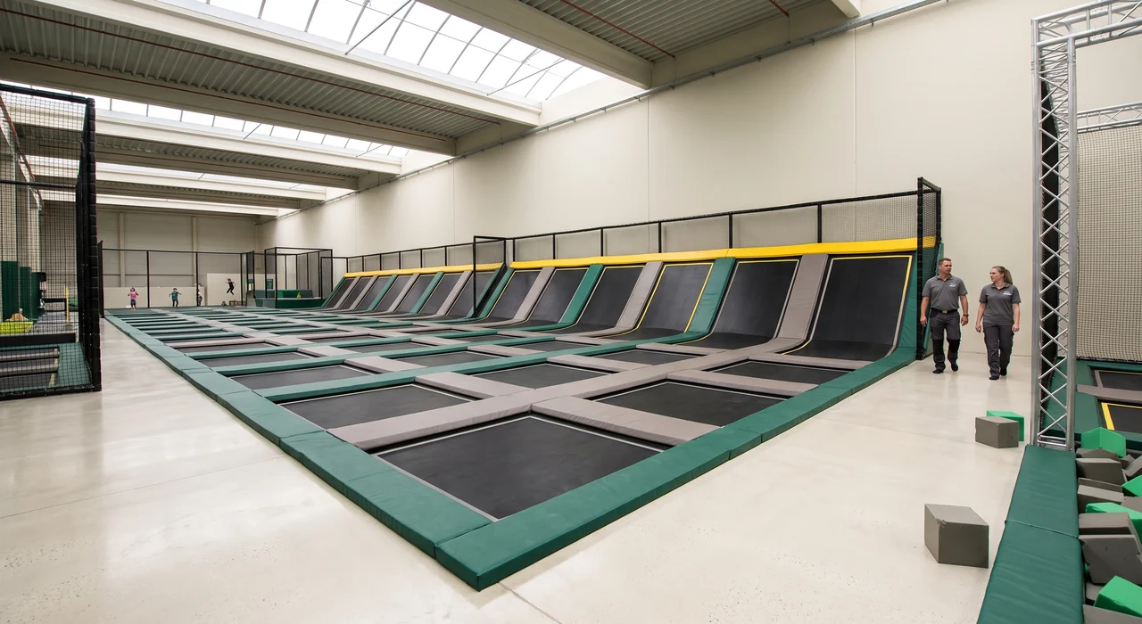 Main jump court with a row of angled wall beds
