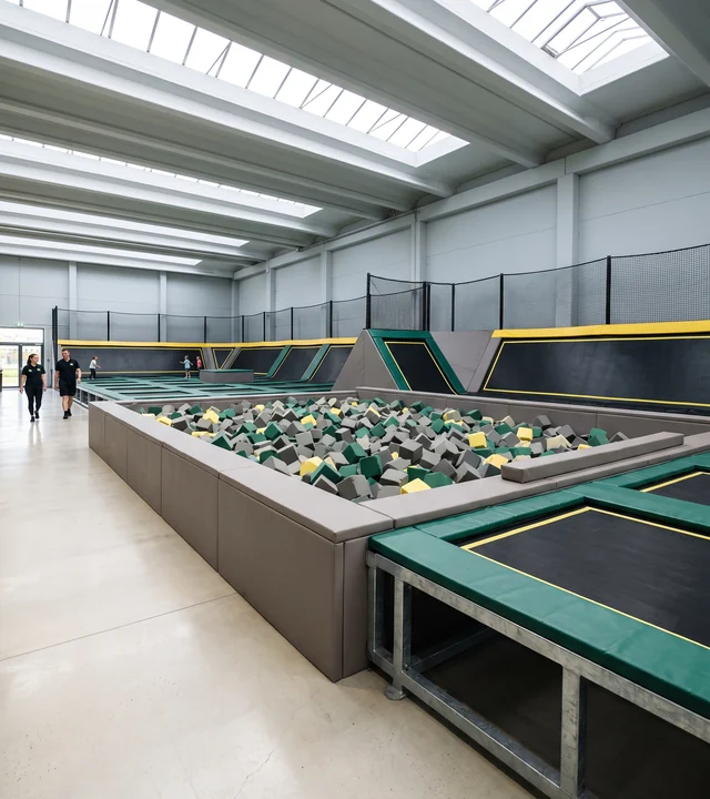 Foam pit with padded walls and grey, evergreen and yellow foam blocks