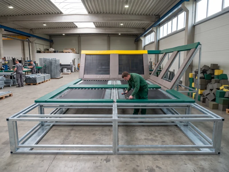Sample cells hung with their beds and springs on a trial-assembled court frame