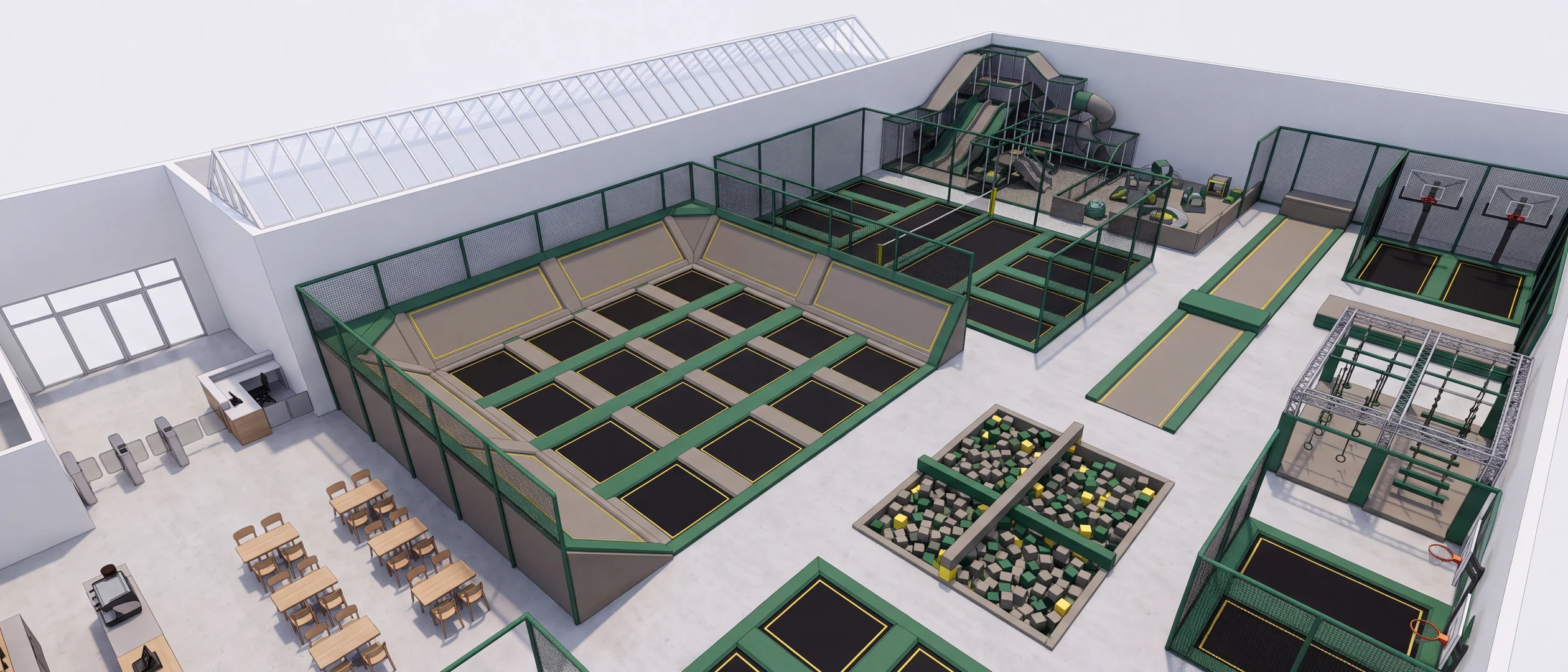 3D render of a complete trampoline park venue with courts, ninja course and soft play