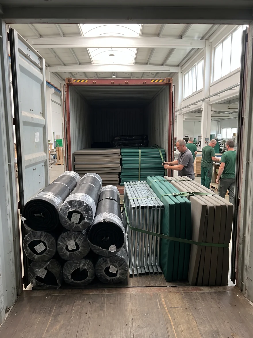 Rolled jump beds and bundled pads packed in a 40HQ container