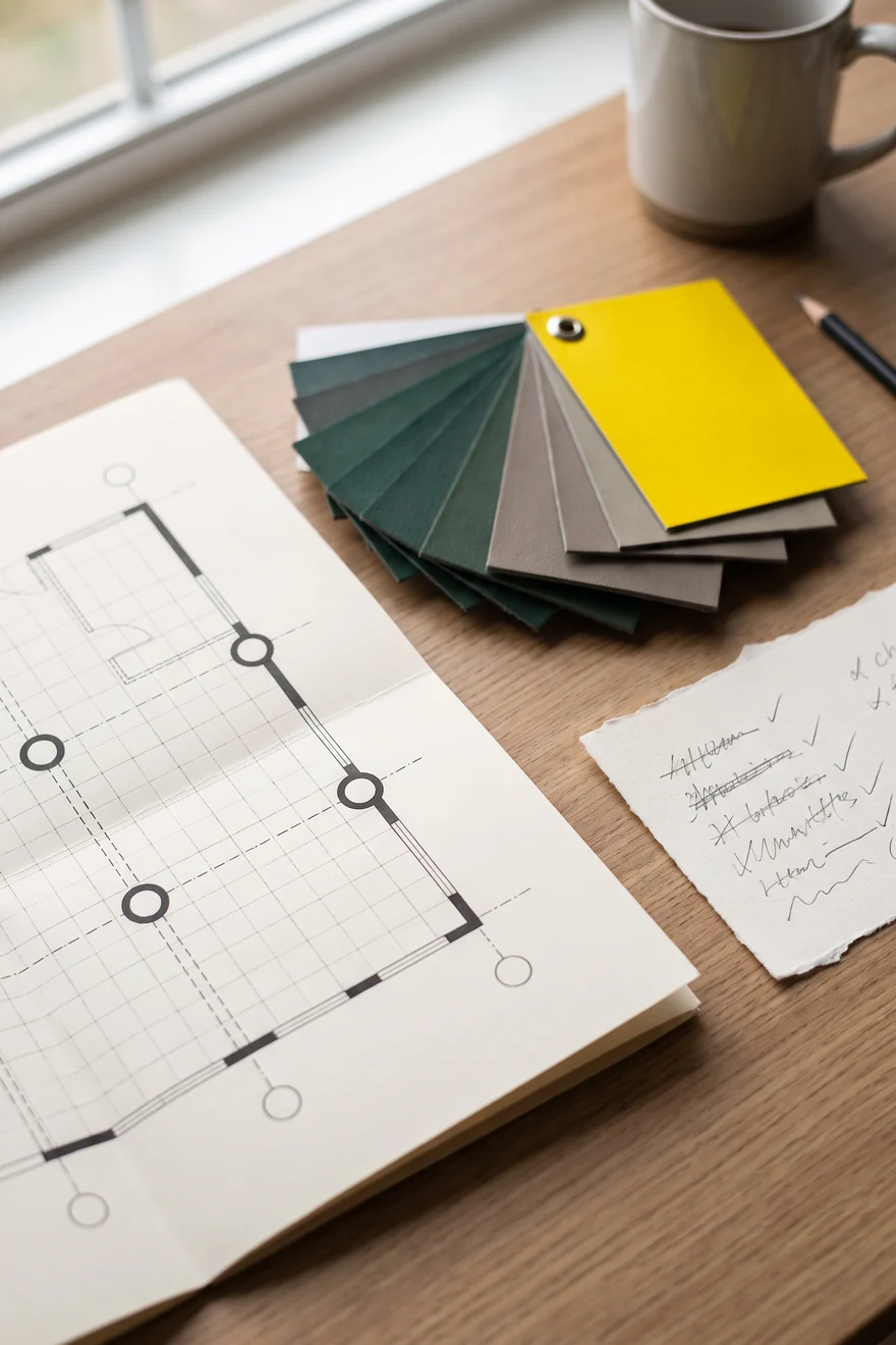 Floor plan with columns marked, pad color swatches and a zone list on a desk