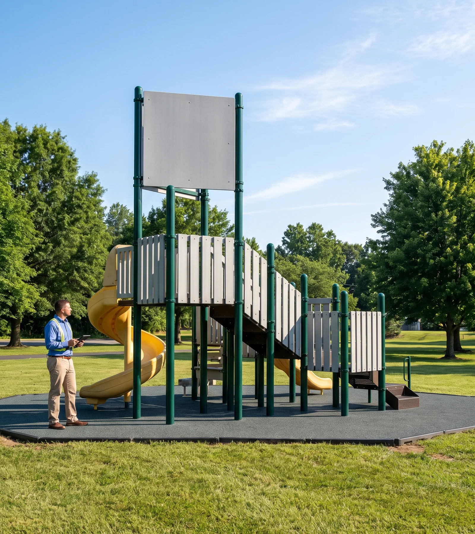 A newly installed commercial park play structure with evergreen posts, grey panels and a yellow spiral slide, a blank sign panel on the tower roof, a dealer's project lead checking a tablet beside it