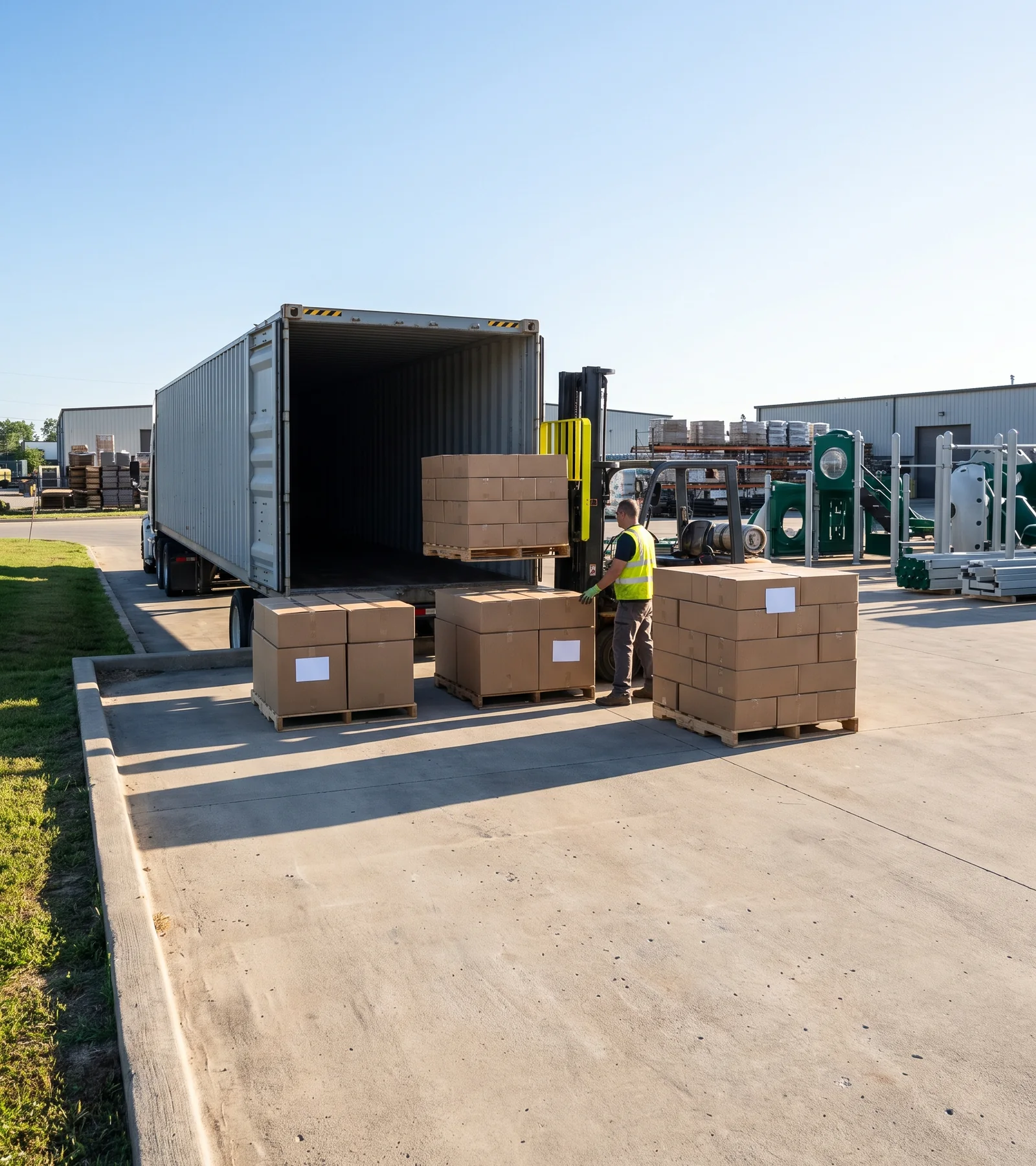 A shipping container with both rear doors open at a loading dock, a forklift carrying a pallet of cartons inside, three separate groups of cartons waiting on the concrete