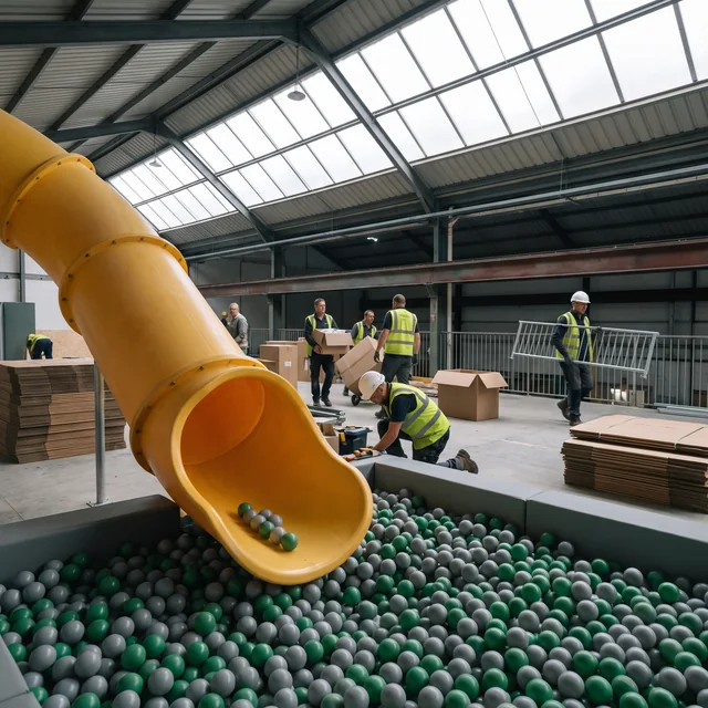 Exit of a rotomolded tube slide dropping into a padded ball pit