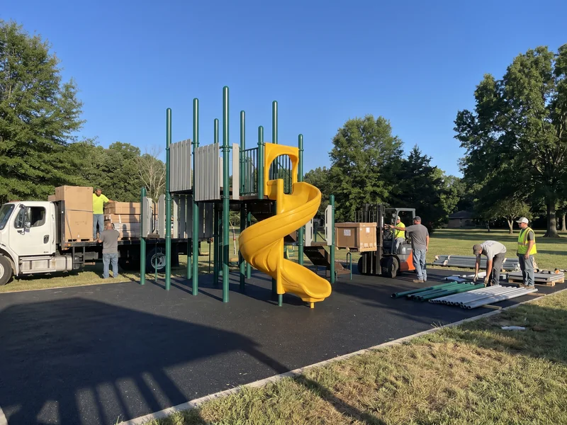 A multi-deck outdoor play structure in a park