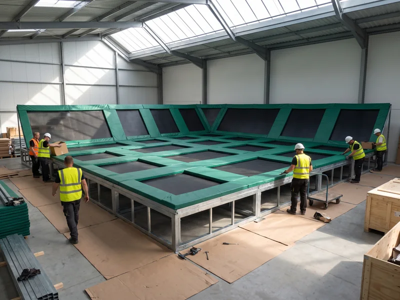 A trampoline court with padded steel frames in an indoor venue