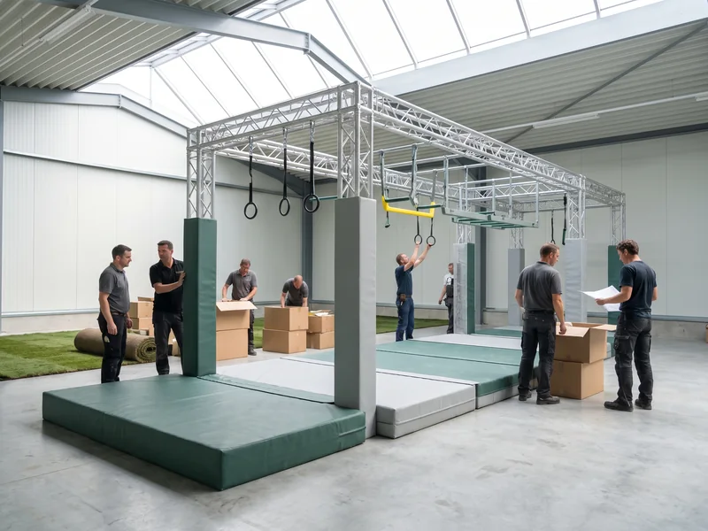 A ninja course with hanging grips and a steel frame