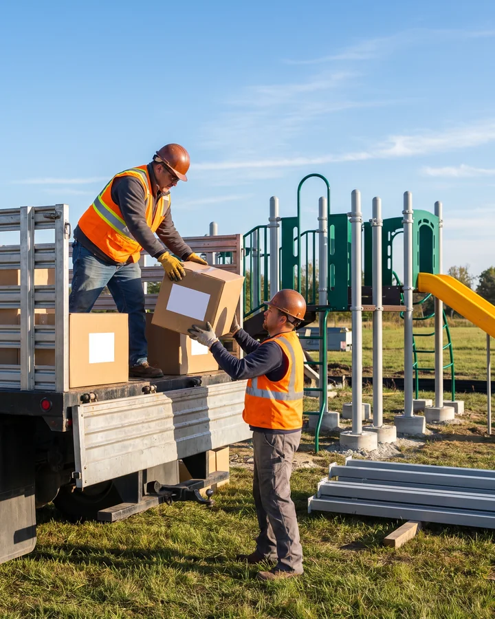 An installation crew unloads numbered cartons from a flatbed truck