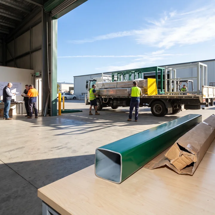 A cut section of galvanized, powder-coated steel post on a meeting table, the wall thickness visible at the cut