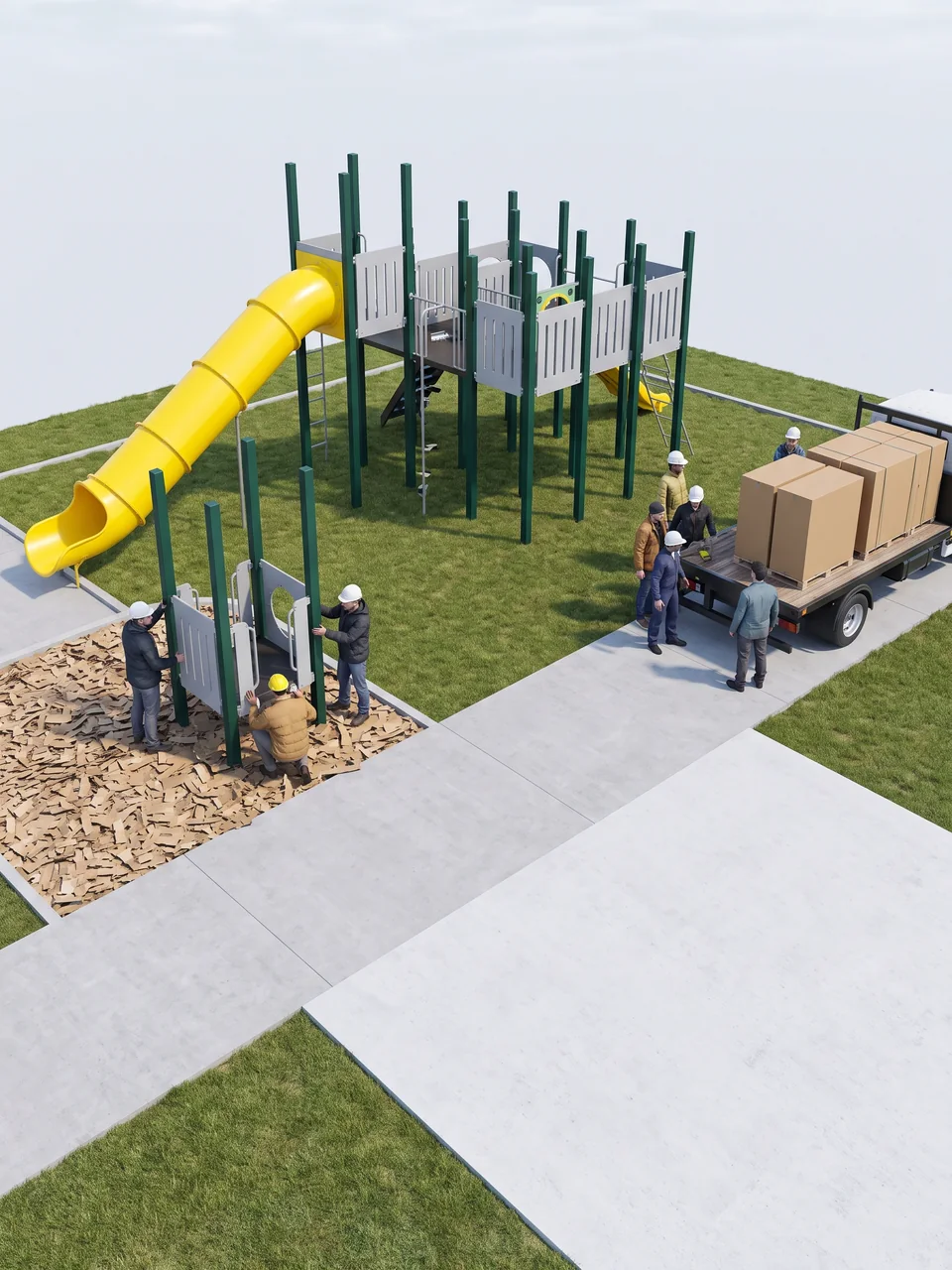 A 3D render of a park play structure from above with a clean sky and an empty corner for a brand mark