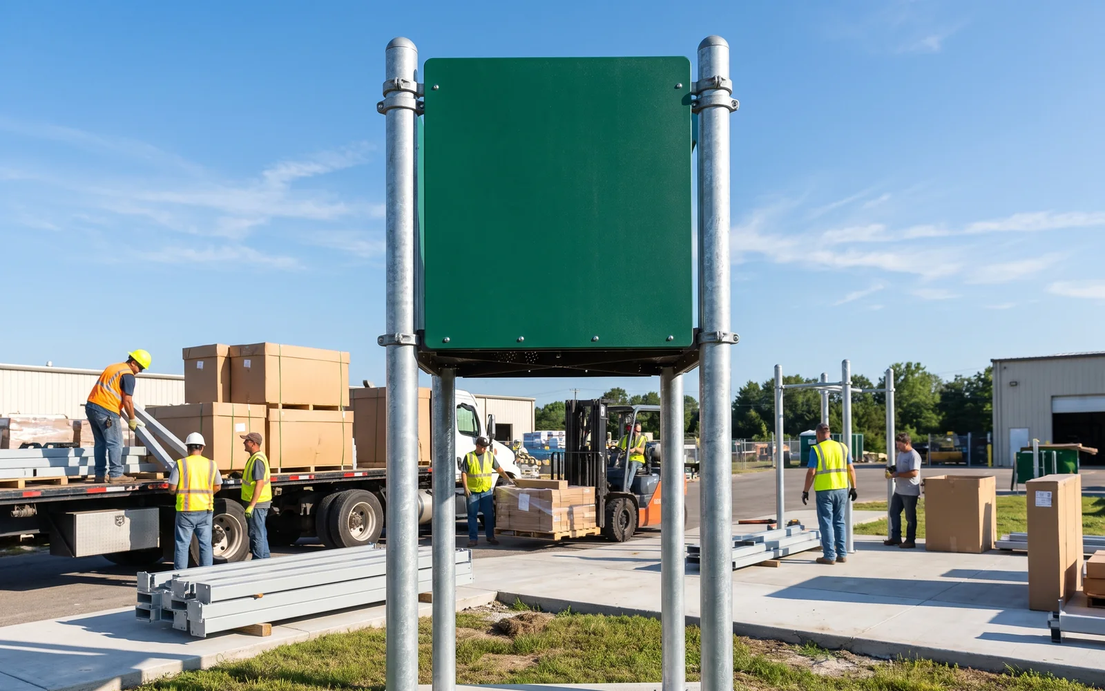 A blank evergreen HDPE sign panel on top of a play tower against a blue sky