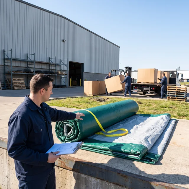 A QC inspector checks a commercial inflatable against a drawing before loading