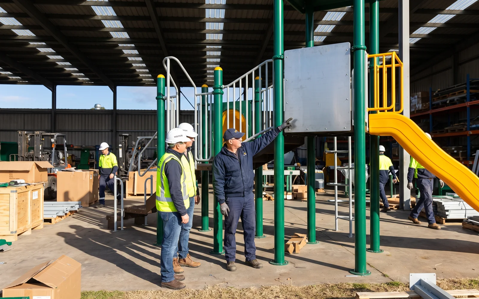 Two visiting dealers in visitor hard hats look at their pre-assembled structure while a project manager points to the blank logo sign