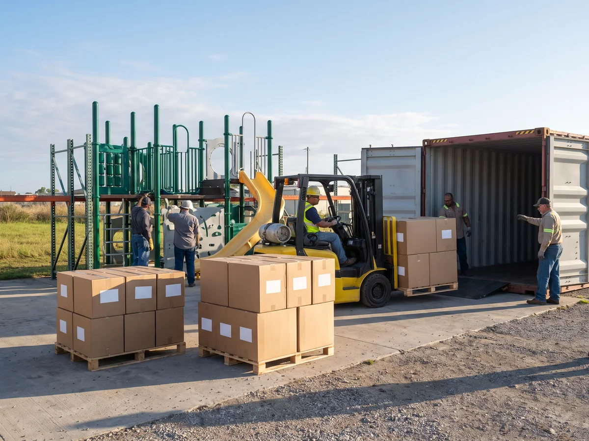 Three separate groups of cartons being loaded by forklift into the same container at a dock