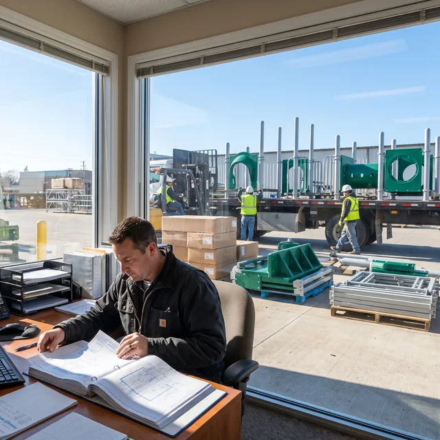 A project manager leafs through a dealer's project file binder at a desk